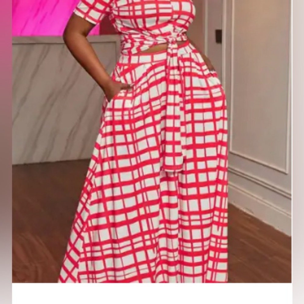 Plus Size Plaid Pattern Short Sleeve Knot Front Crop Top & Maxi Skirts Set